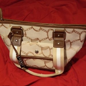 NWOT Chaps, Horse and Stirrup signature canvas brown and tan purse. Zip top